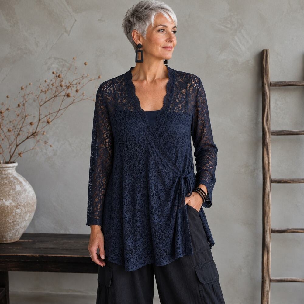 Chico's Navy Lace Tie Wrap Long Sleeve Kimono Cardigan 3